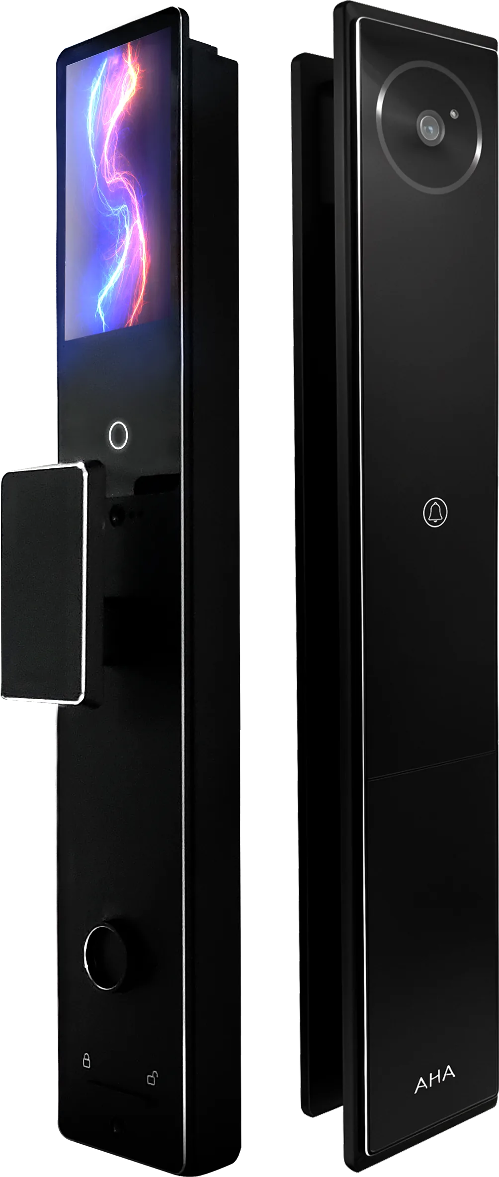 AHA smart lock, outer panel with camera and doorbell alongside the inner panel with its display and fingerprint reader