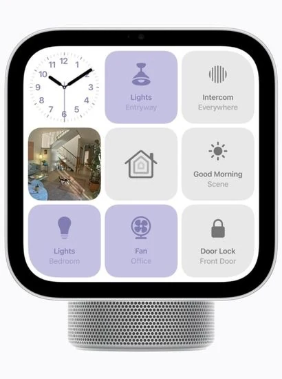 Apple HomeView on its tabletop speaker base, its screen showing a clock, a photo and controls for lights, a fan, a door lock and a Good Morning scene
