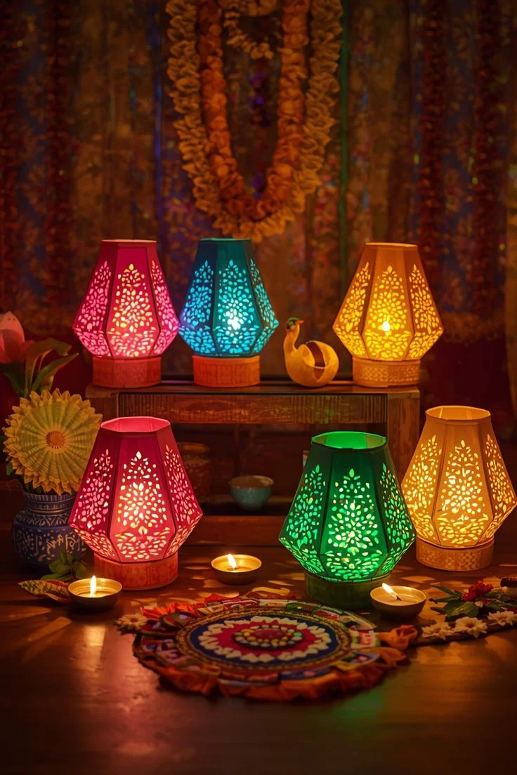 Colourful paper cut lanterns lit in pink, teal and gold, arranged near marigold garlands for Diwali