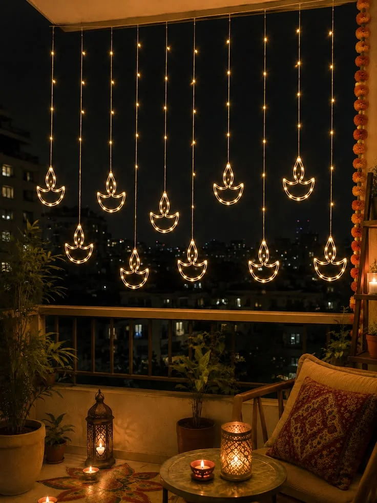 Electric diya-shaped string lights hanging in a Mumbai balcony at night, city skyline behind