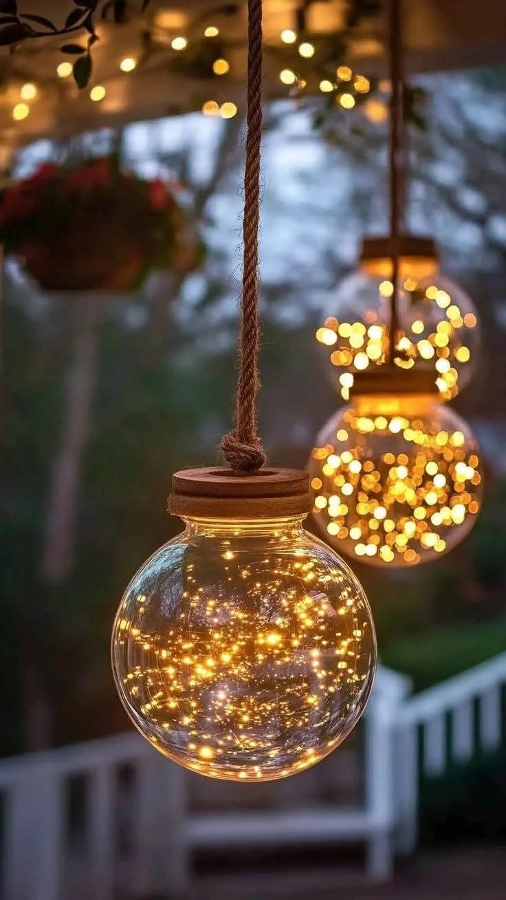 Fairy lights inside hanging glass jars on a porch, a simple DIY Diwali lantern idea