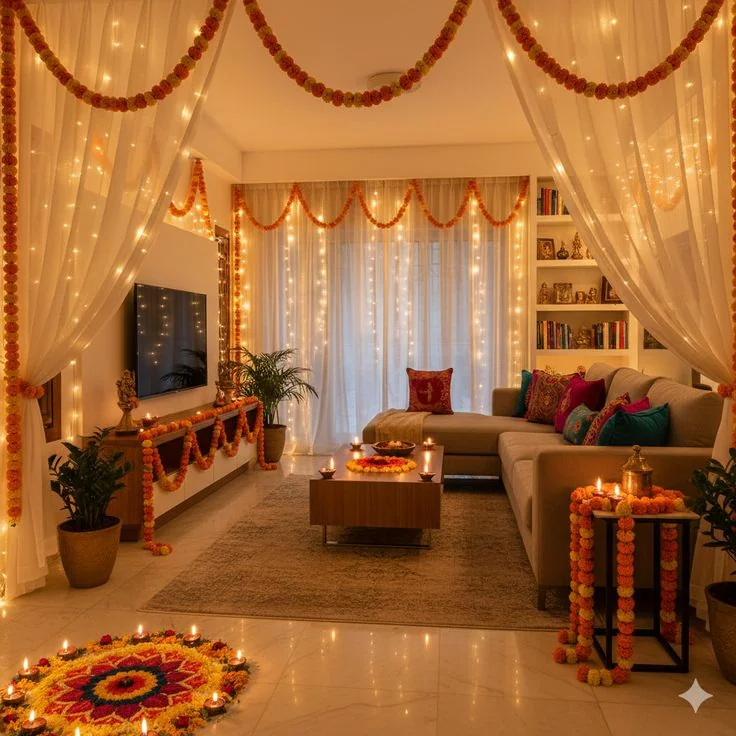 A Mumbai living room decorated for Diwali with marigold garlands, sheer curtain fairy lights and a rangoli