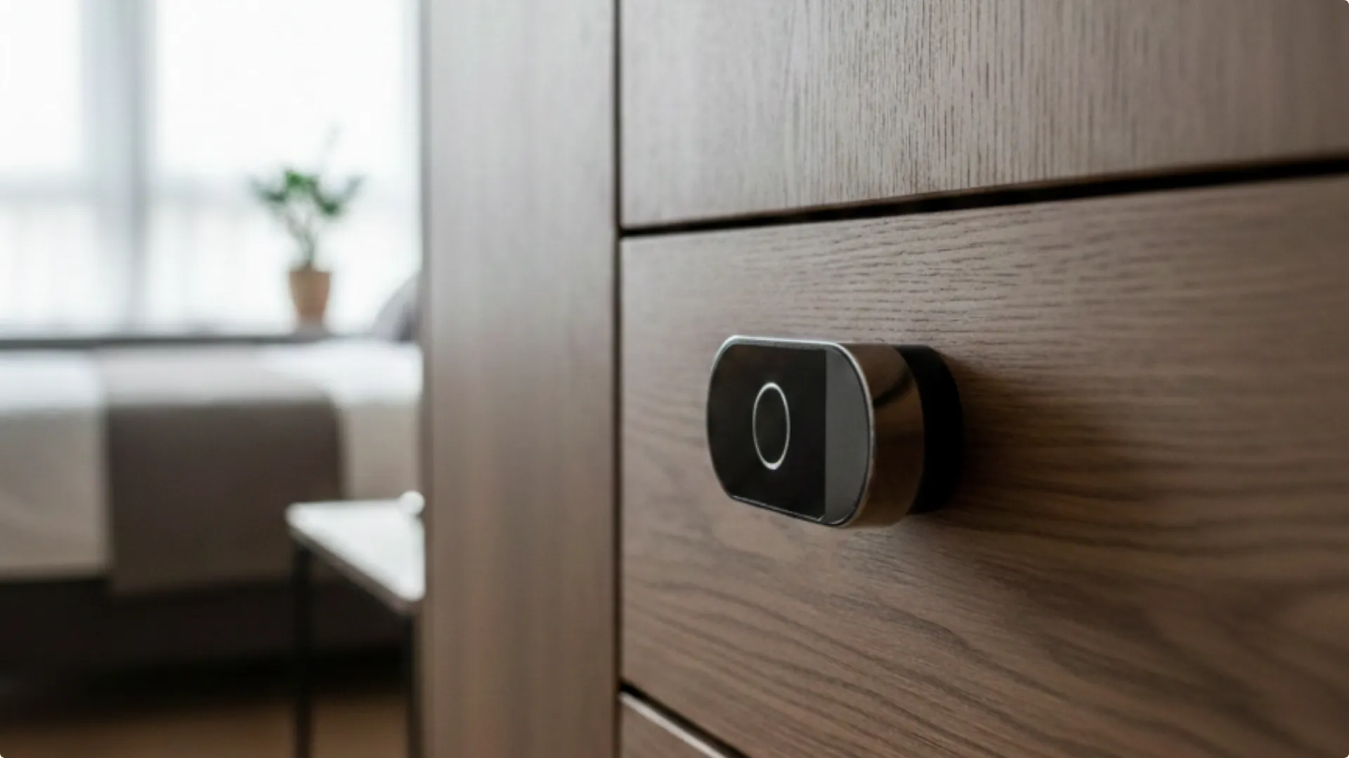 Fingerprint lock fitted to a wardrobe drawer