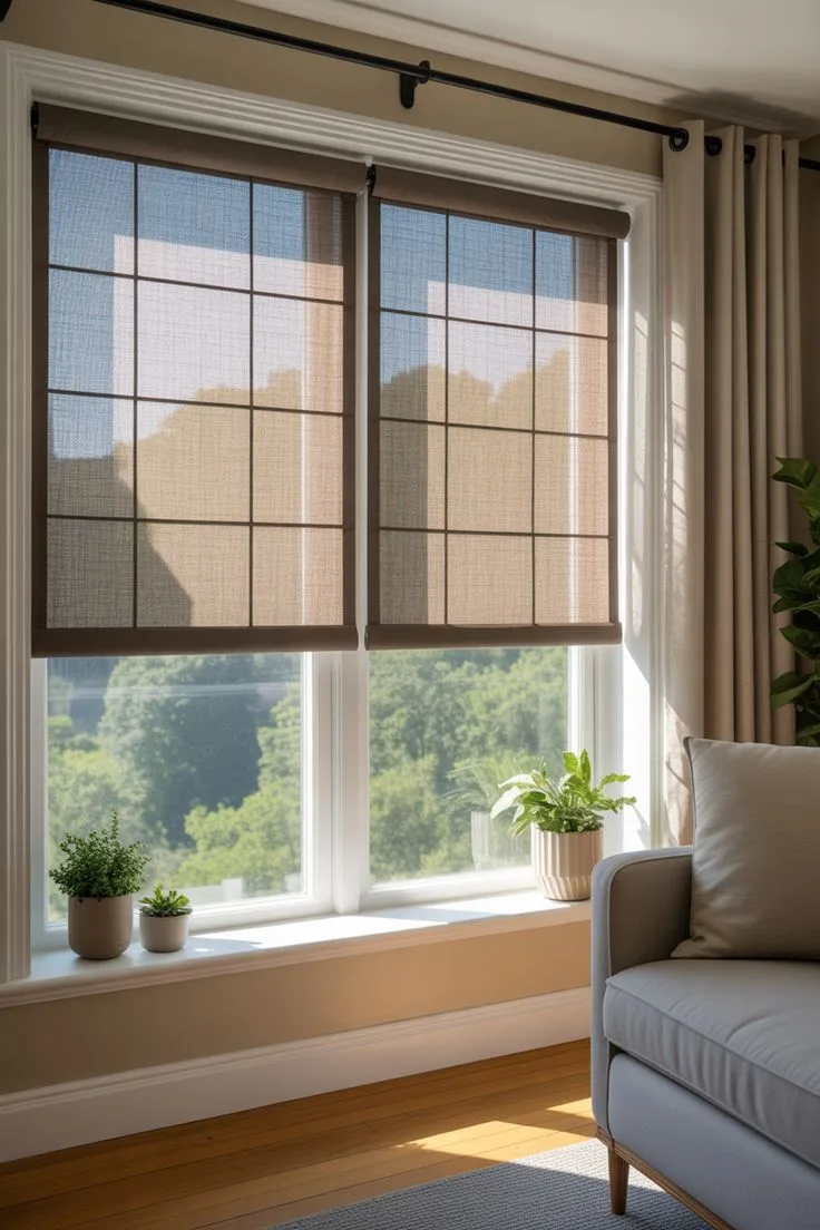 Motorized Roman blinds lifted flat against a sunlit living room window