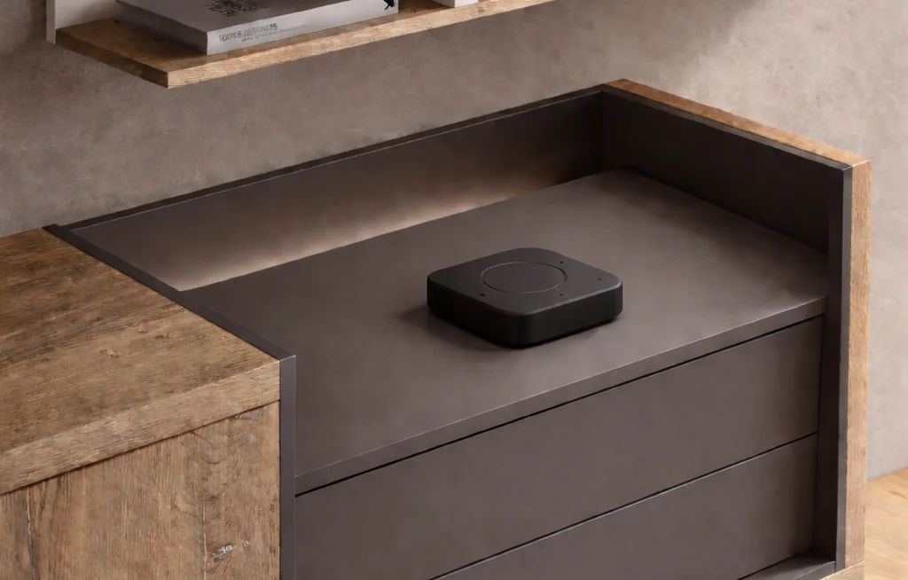 A matte black AHA smart hub sitting on a console unit under warm shelf lighting