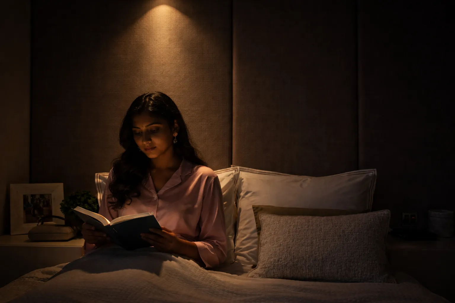 Reading in bed under a single spotlight, the rest of the room dark
