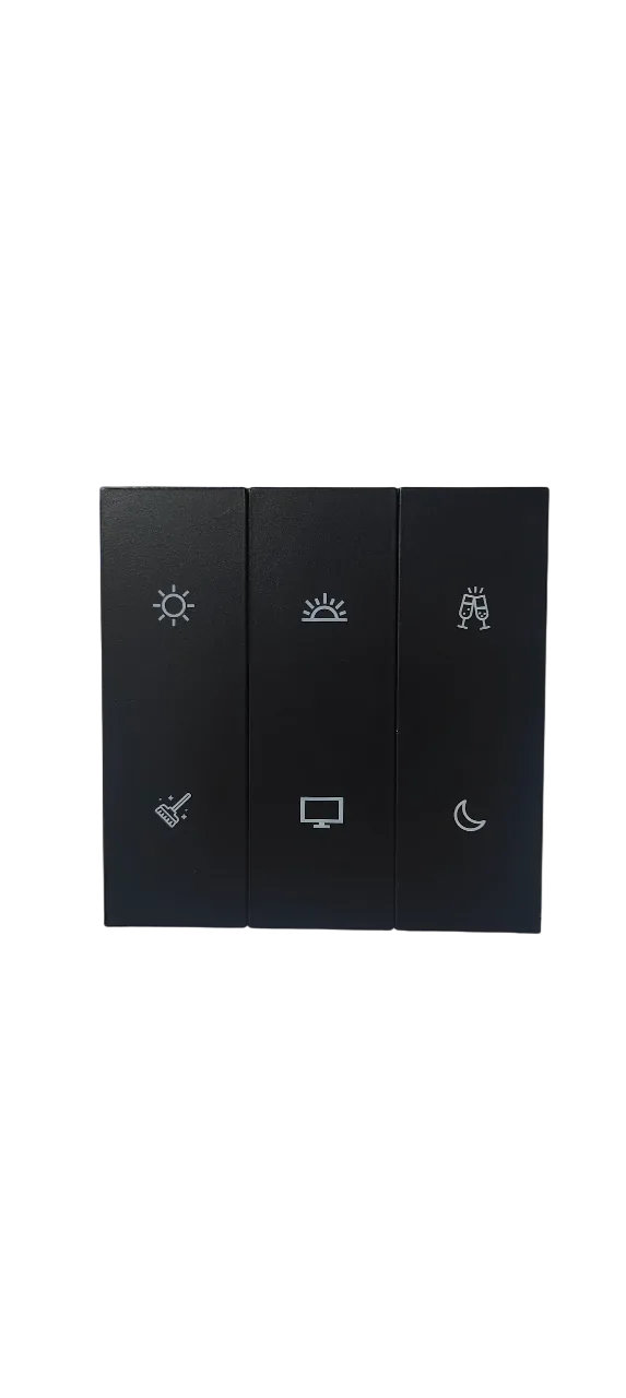 A matte black AHA X7 keypad, six keys engraved with scene icons: sun, sunrise and celebration on the top row, a broom, a television and a moon on the bottom