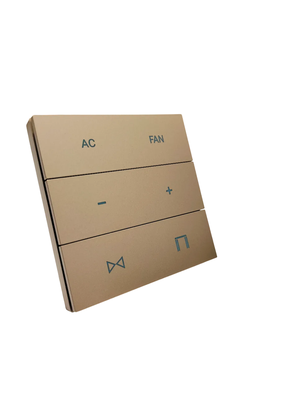 AHA X7 smart switch in a gold finish, shown at an angle, with AC, fan, plus and minus, and curtain open and close buttons