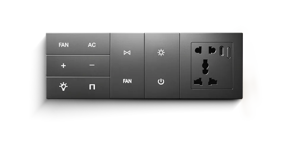 AHA X7 in graphite: a six-button keypad, two smaller keypads and an international socket with USB-C, all on one modular plate